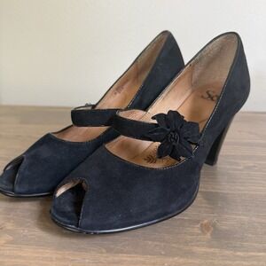 Sofft Womens 7M Black Leather Mary Jane Flower Peep Toe Pumps Heels Shoes